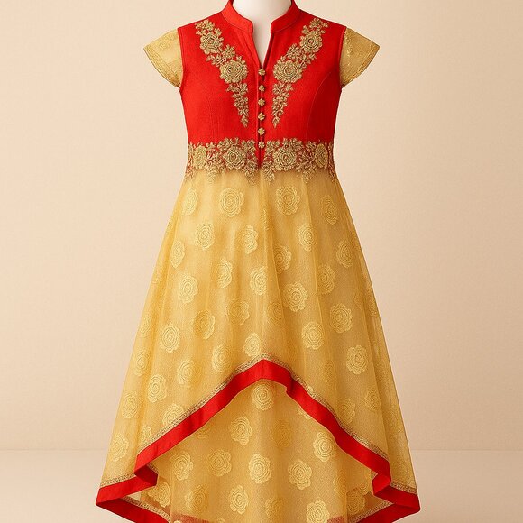 Red & Gold Embroidered High-Low Dress duster – Elegant Party & Wedding Outfit - Picture 1 of 7